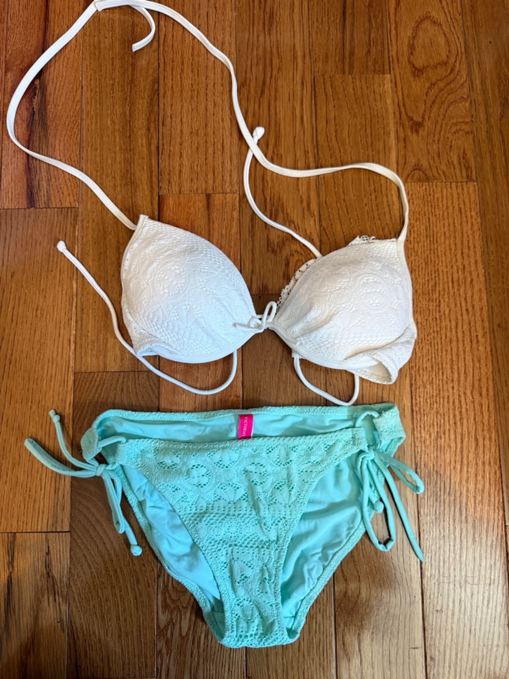 Victoria's Secret White Crochet Halter Bikini Top with Pink Tag